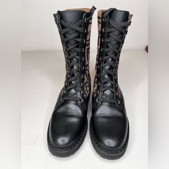 Authentic Fendi Rockoko Knit Leather Combat Boots Lace Up Size 7 - Picture 3 of 8